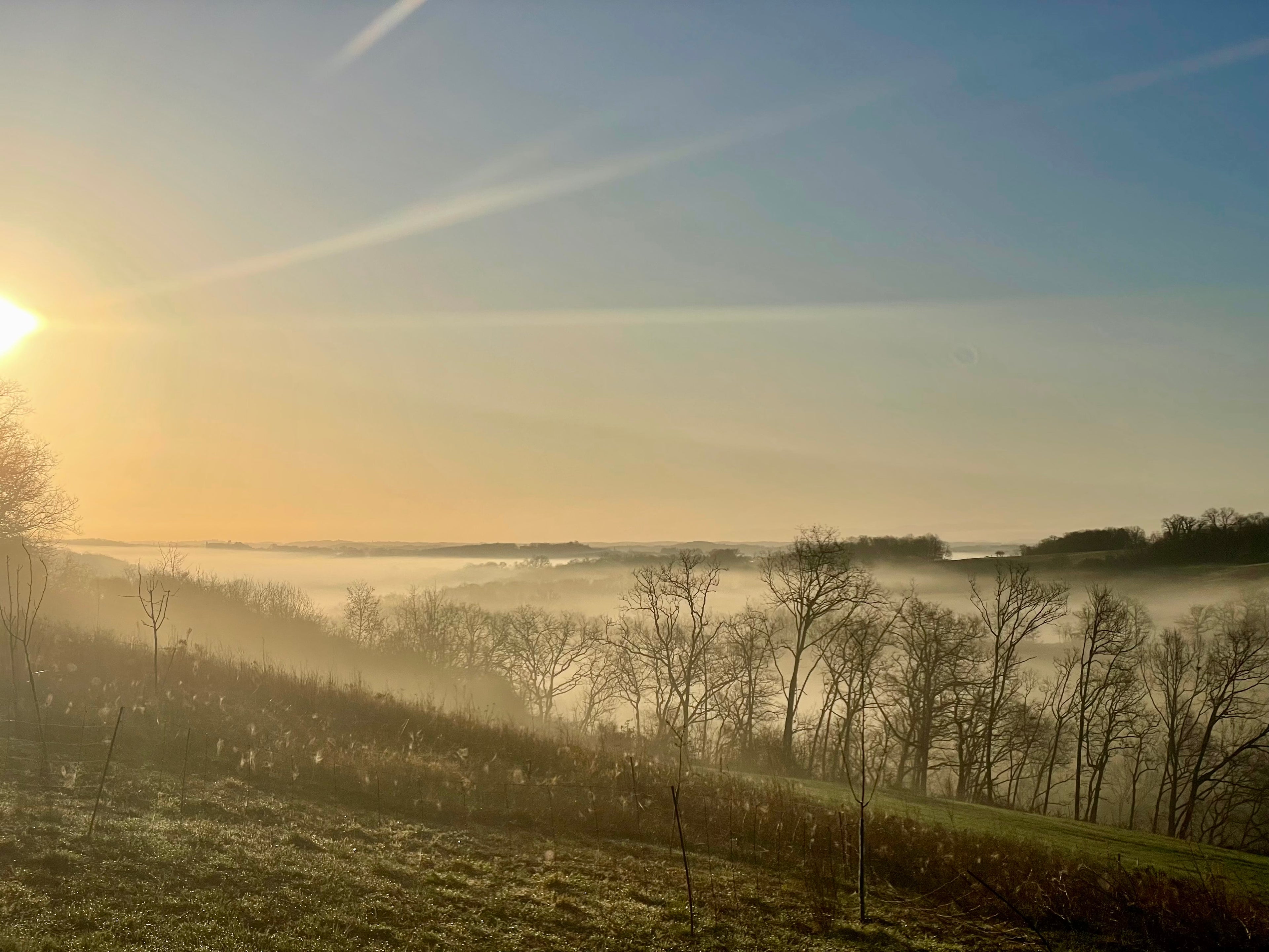 Sunrise over hills in France, calm landscape reflecting clarity and grounded work”